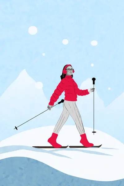Vertical Greeting Image Collage Cute Girl Sportswoman Walking Skiing Snowy — Stock Photo, Image