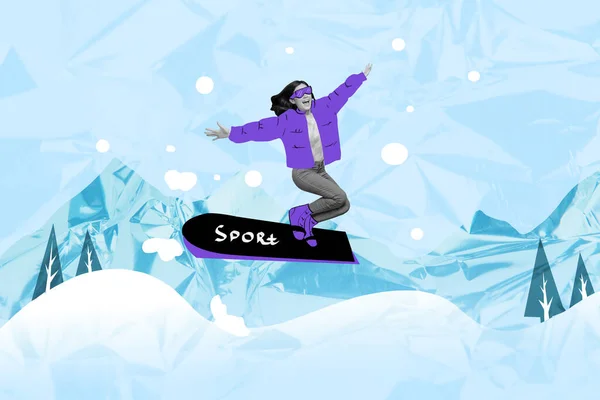Image Artwork Collage Carefree Cheerful Girl Having Fun Snowboarding Snowy — Stock Photo, Image
