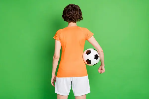 Rear Photo Young Lady Standing Hand Hold Football Wear Jersey — Stock Photo, Image