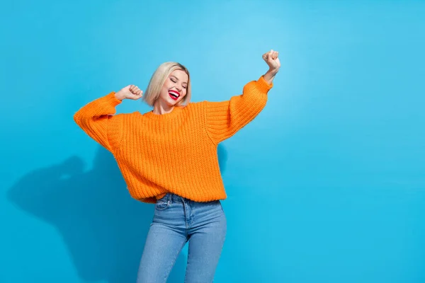 Portrait Cute Satisfied Woman Bob Hair Dressed Knitwear Sweater Raising — Stock Photo, Image