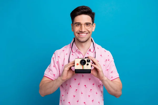 Portrait Cheerful Young Person Toothy Smile Hands Hold Retro Polaroid — Stock Photo, Image