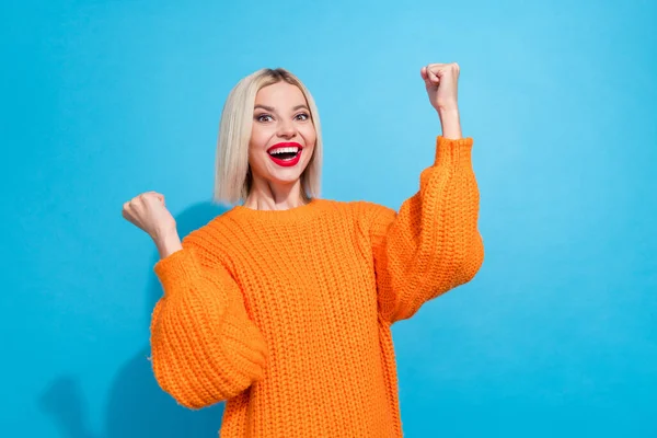Portrait Ecstatic Funky Woman Bob Hair Dressed Knitwear Sweater Rising — Stock Photo, Image