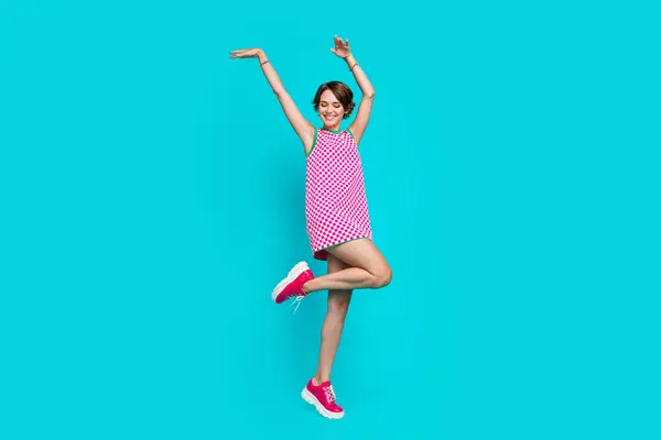 Full Length Photo Cheerful Optimistic Girl Wear Nice Clothes Preparing — Stock Photo, Image