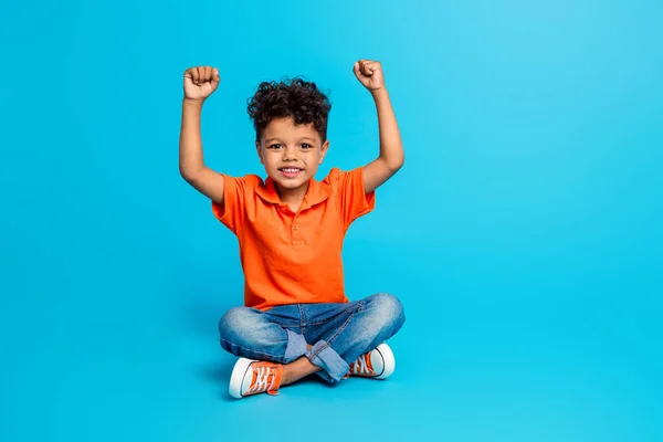 Full Length Photo Super Winner Young Preschool Boy Fists Hooray — Stock Photo, Image