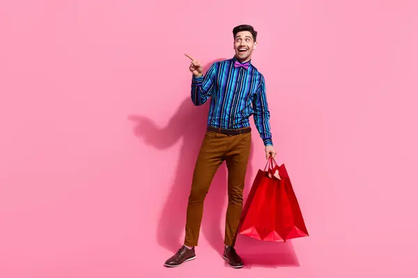 Full Length Photo Funny Man Holding Packages Bought New Clothes — Stock Photo, Image