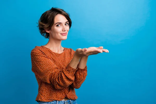 Photo Charming Lady Raise Arms Showing Holding Surprise Wear Smart — Stock Photo, Image