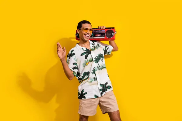 Photo Portrait Attractive Young Man Hold Boombox Dancing Have Fun — Stock Photo, Image