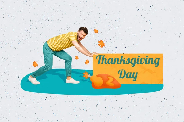 Kreativ Collage Bild Funky Galen Kille Armar Push Thanksgiving Dag — Stockfoto