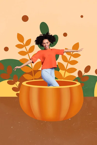 Vertical collage image of excited cheerful mini girl inside huge pumpkin drawing plant leaves isolated on beige background.