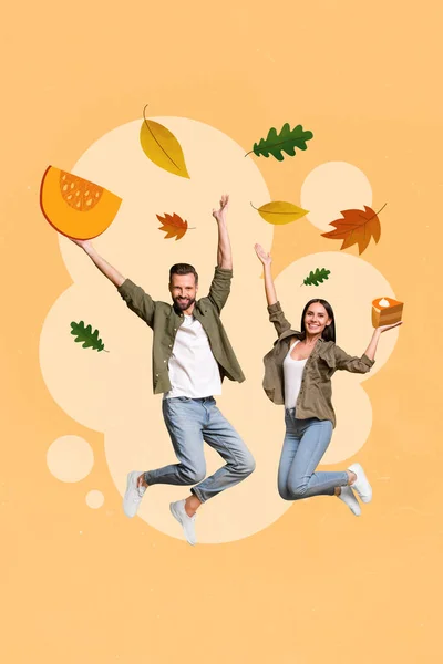 Vertical Collage Picture Two Excited People Jumping Arms Hold Piece — Stock Photo, Image