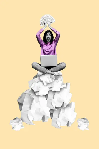 彼女がベージュの背景で孤立したお金で成功する前に 崩壊した紙の悪いアイデアに座っている女の子の垂直コラージュ — ストック写真