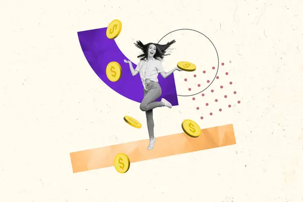 Collage Tendencia Creativa Excitado Divertido Baile Femenino Monedas Oro Lluvia —  Fotos de Stock
