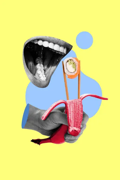 Δημιουργική Κολάζ Αφίσα Του Ανθρώπινου Στόματος Κρατώντας Μπανάνα Απολαμβάνοντας Chopsticks — Φωτογραφία Αρχείου