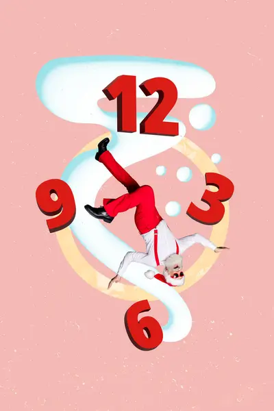 Imagem Colagem Criativa Vertical Engraçado Papai Noel Contagem Regressiva Relógio — Fotografia de Stock