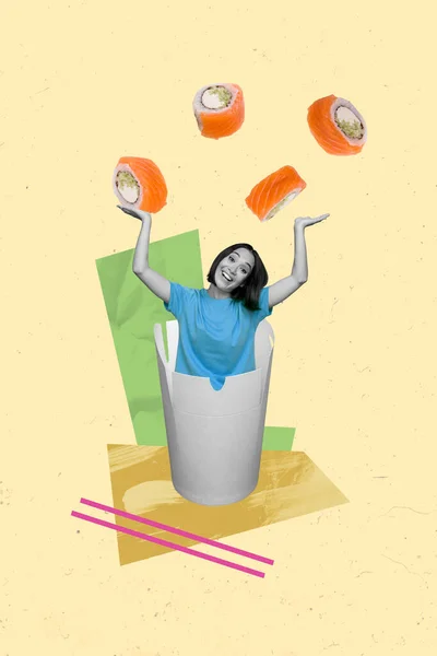 Kreativní Kreslení Koláž Obrázek Legrační Mladé Ženské Žonglování Bavte Sushi — Stock fotografie