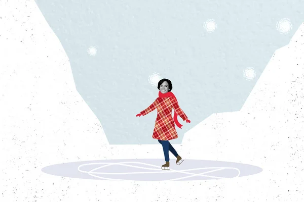 黒い白い効果の創造的なコラージュのイメージ 肯定的な少女は塗られた背景で隔離された氷のスケートの凍った池の雪の山を楽しんで下さい — ストック写真
