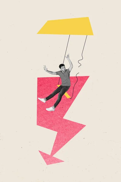 Collage Cartel Creativo Flecha Hacia Abajo Balanceo Cuerda Rasgón Cayendo — Foto de Stock