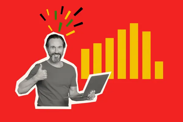 Creative Collage Guy Promoter Worker Online Eshop Sotre Enjoy Statistics — Stock Photo, Image