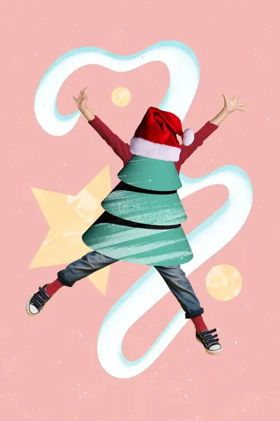 Collage 3d image of pinup pop retro sketch of funny tree jumping energetic hat new year x-mas magazine sketch christmas shopping advert.