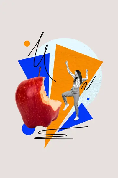 Collage Verticale Illustrazione Funky Girl Dieta Pranzo Mordere Enorme Mela — Foto Stock