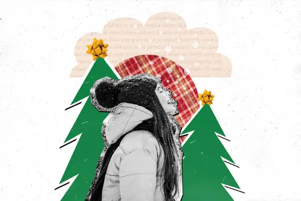 Kreative Trend Collage Von Niedlichen Mädchen Teenager Fangen Schneeflocken Weihnachten — Stockfoto