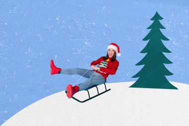 Composite collage image of funny female have fun sledge slope forest tree park outside happy merry christmas new year theme x-mas. clipart