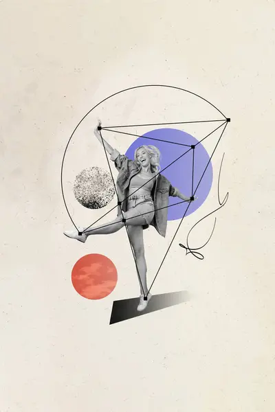 Вертикальный Коллаж Изображения Фанки Девушки Танца Геометрическая Фигура Измеряет Высоту — стоковое фото