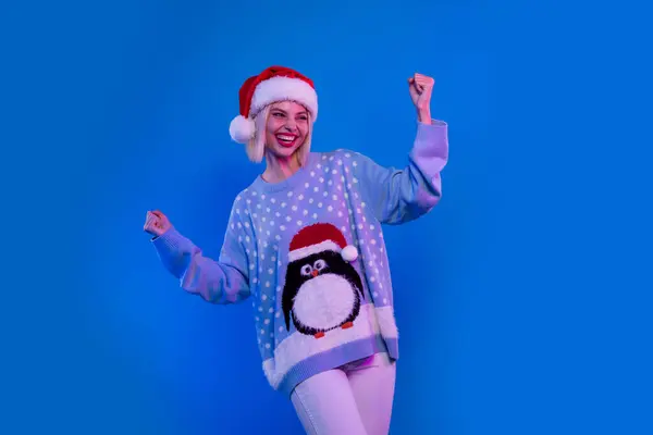 Photo Funky Pretty Lady Santa Helper Dressed Ugly Print Xmas — Stock Photo, Image