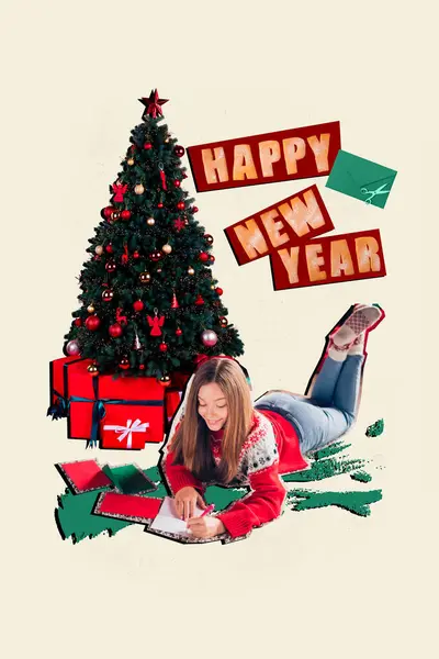 滑稽快乐女孩的垂直拼贴形象 写充满创意背景的新年快快快乐乐的信 — 图库照片
