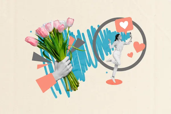 차있는 콜라주의 아름다운 비디오 그녀의 계정은 그려진 배경에 신선한 꽃다발 — 스톡 사진