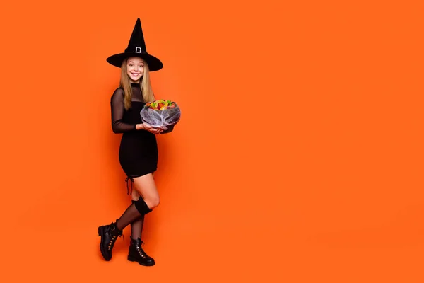Full Length Photo Lovely Blonde Teen Lady Hold Cauldron Candies — Stock Photo, Image