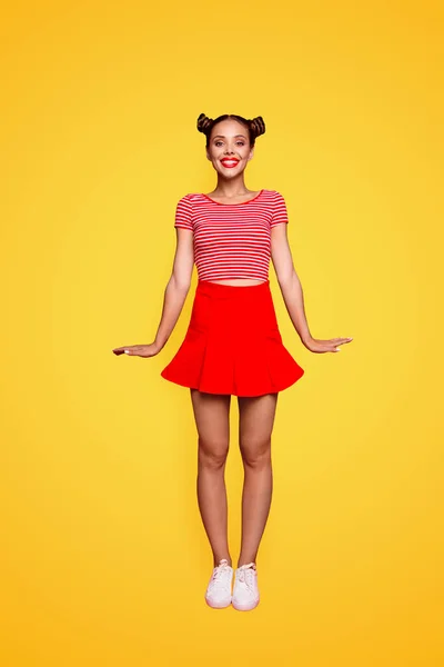 Full Length Vertical Portrait Happy Young Girl Wear Red Skirt — Stock Photo, Image