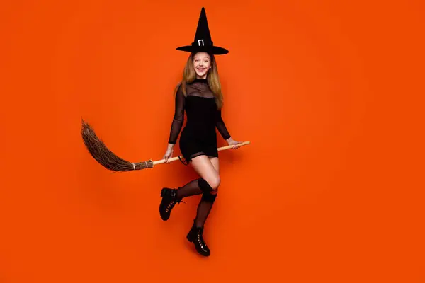 Full Length Photo Pretty Excited Lady Wear Black Wizard Costume — Stock Photo, Image