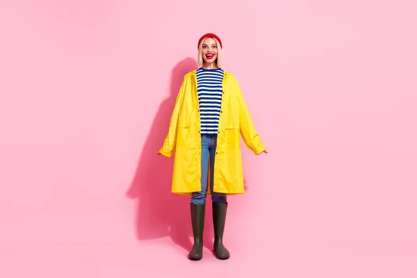 Full Length Photo Lovely Pretty Cheerful Girl Dressed Bright Waterproof — Stock Photo, Image