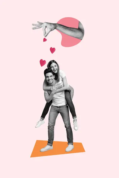 コラージュアートワークのグラフィック写真 恋に落ちる幸せな笑顔のカップル 孤立したピンク色の背景 — ストック写真