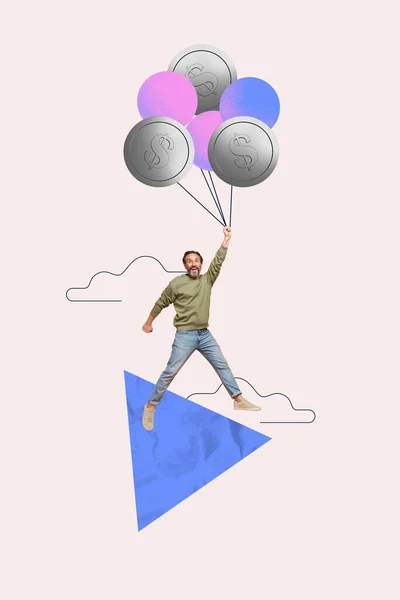 Collage of funny flying air balloon crazy businessman holding air balloons career growth coins price rising isolated on drawn background.
