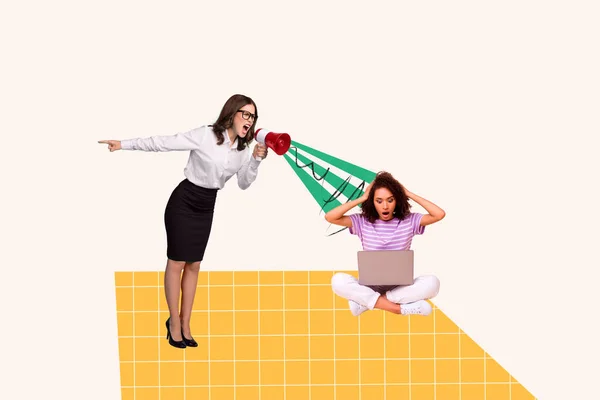 怒っているチーフ女性の抽象的なコラージュ画像 背景を描画するために孤立して働く従業員を叫ぶ — ストック写真