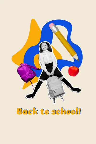 ファンキーミニブラックホワイトカラーガールジャンプバックパック大きな鉛筆アップルを学校に戻すオムベージュの背景の垂直コラージュ画像 — ストック写真