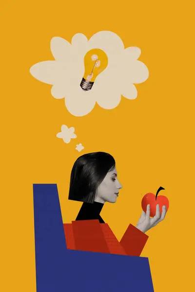 Colagem Arte Imagem Mínima Senhora Pensativa Sonhadora Apreciando Saborosa Fruta — Fotografia de Stock