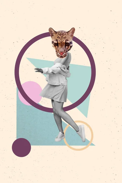 Creative trend collage of dancing young female leopard head wild animal visit zoo poster safari disco fashionista clothes sales.