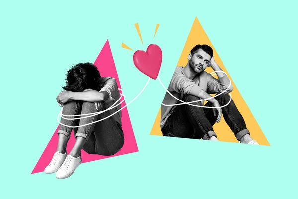 三角形に座る夫婦の創造的な複合写真コラージュ ティールカラーの背景に隔離された関係の問題について考える — ストック写真