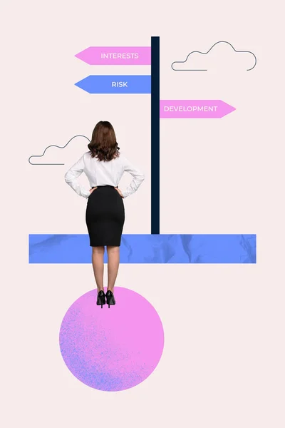 Metapher Collage Illustration Bild Der Geschäftsfrau Hard Choice Wegweiser Tafel — Stockfoto
