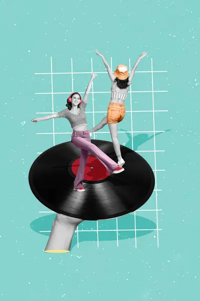 Picture pinup pop collage of carefree cheerful girls dance on vinyl disk enjoy weekend isolated blue color painted background.