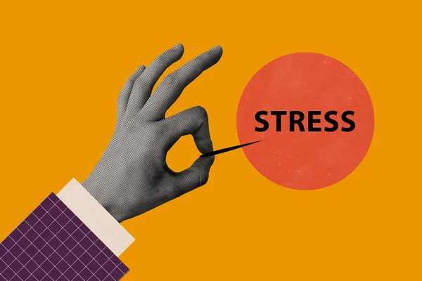 Creatieve Trend Collage Van Hand Houden Naald Stress Zeepbel Ronde — Stockfoto
