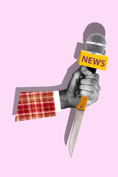 Creative Artwork Collage News Reportage Interviewer Holding Microphone Knife Dangerous — Stock Photo, Image