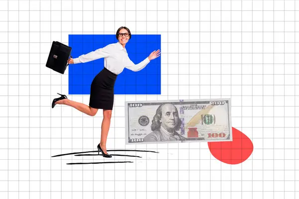 Banner Collage Plakat Von Fröhlichen Mädchen Gehen Büroarbeit Verdienen Geld — Stockfoto