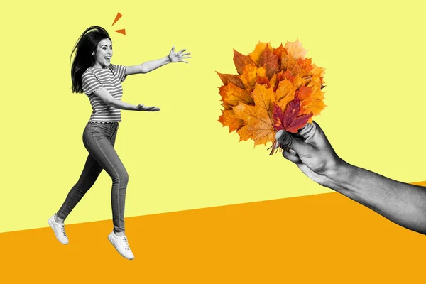 Composite Creative Collage Young Funny Woman Run Catch Bouquet Golden — Stock Photo, Image