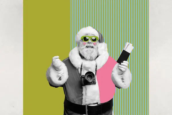 Retro Kreativa Konstverk Collage Funky Lycklig Santa Förbereda Flygande Nyår — Stockfoto