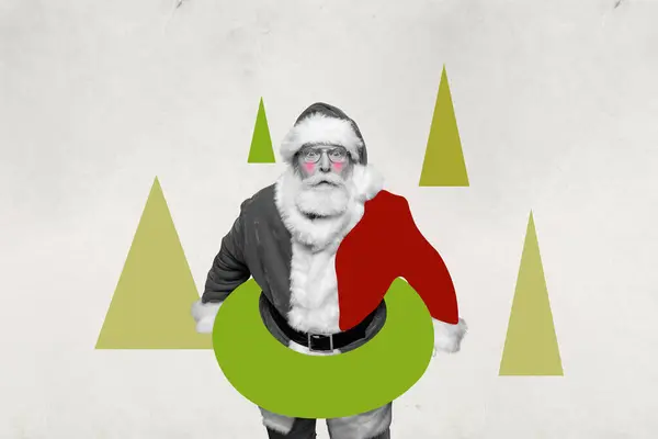 Photo Collage Artwork Impressed Funky Santa Enjoying Christmas Παραθεριστικό Θέρετρο — Φωτογραφία Αρχείου