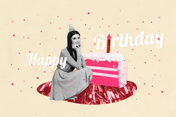 Composite creative photo collage of satisfied nice woman celebrate her birthday near large piece of cake isolated on drawing background.